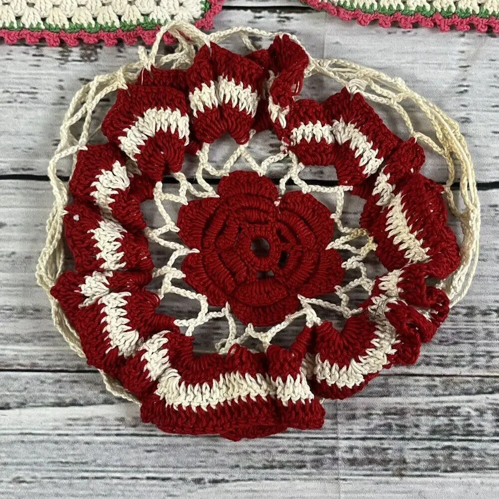 Vintage Lot of 3 Crochet Granny Squares Blanket Afgan Squares Pink & Red Flowers